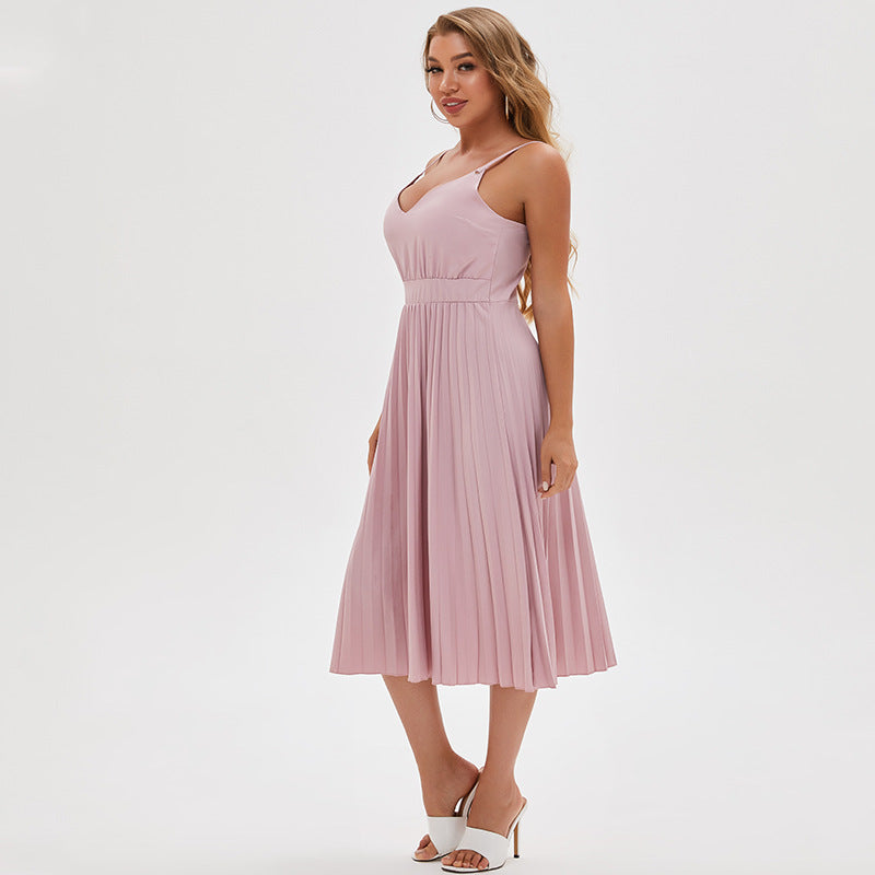 V-neck Sling Dress Light   Sexy Pleated Skirt Mid-length Beach Dress