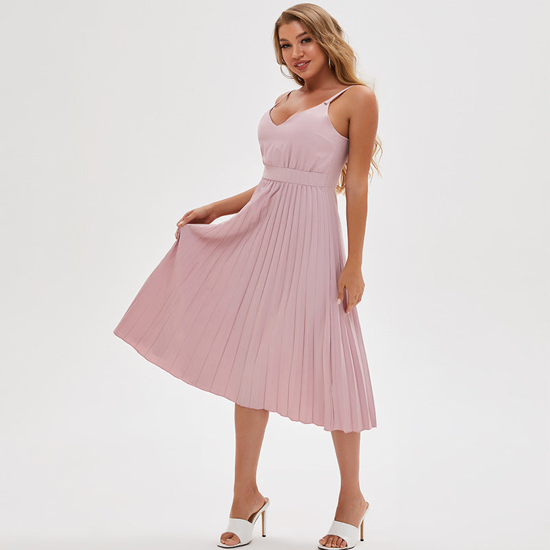 V-neck Sling Dress Light   Sexy Pleated Skirt Mid-length Beach Dress