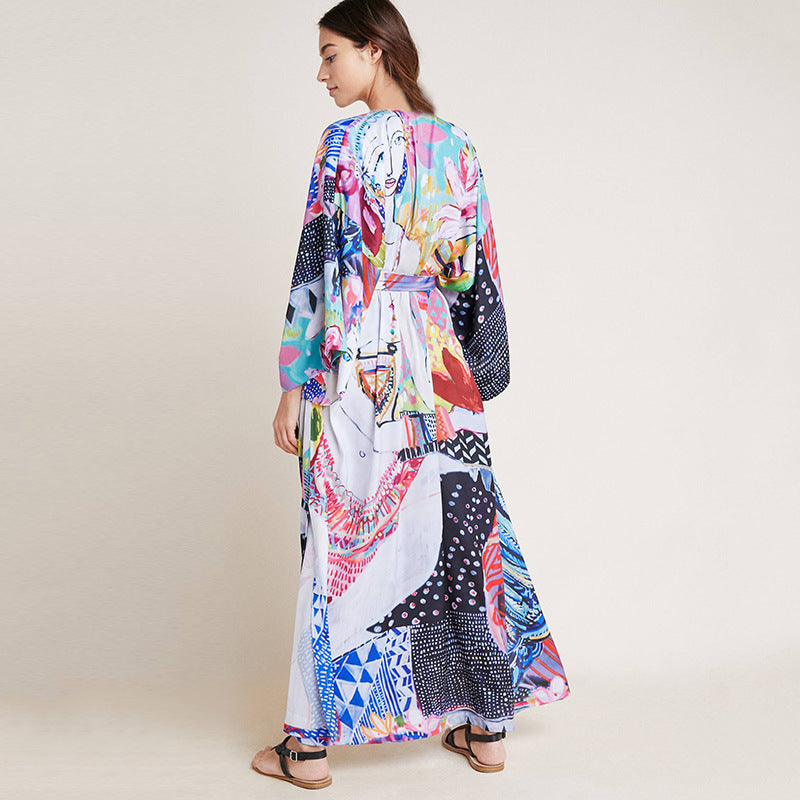 Printed Robe Style Beach Blouse Dress Sexy Cardigan Belt Outer Blouse