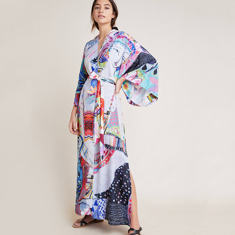 Printed Robe Style Beach Blouse Dress Sexy Cardigan Belt Outer Blouse