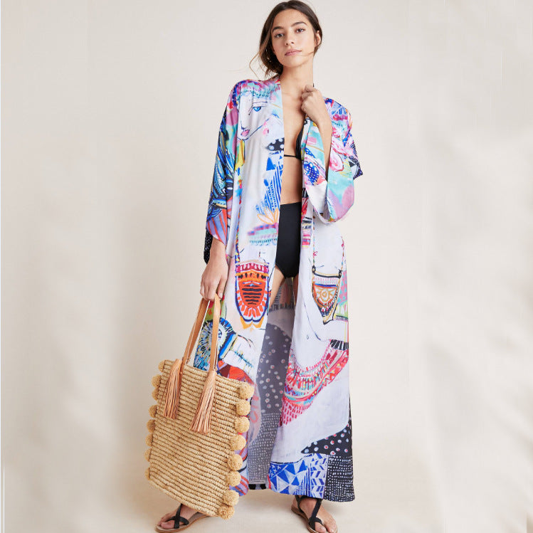 Printed Robe Style Beach Blouse Dress Sexy Cardigan Belt Outer Blouse