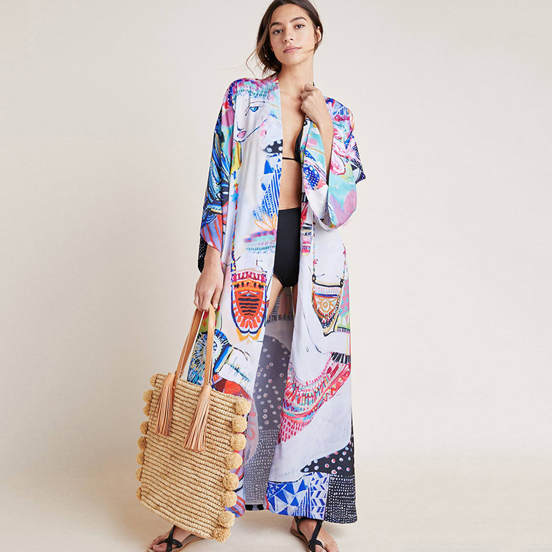 Printed Robe Style Beach Blouse Dress Sexy Cardigan Belt Outer Blouse