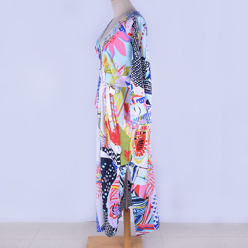 Printed Robe Style Beach Blouse Dress Sexy Cardigan Belt Outer Blouse