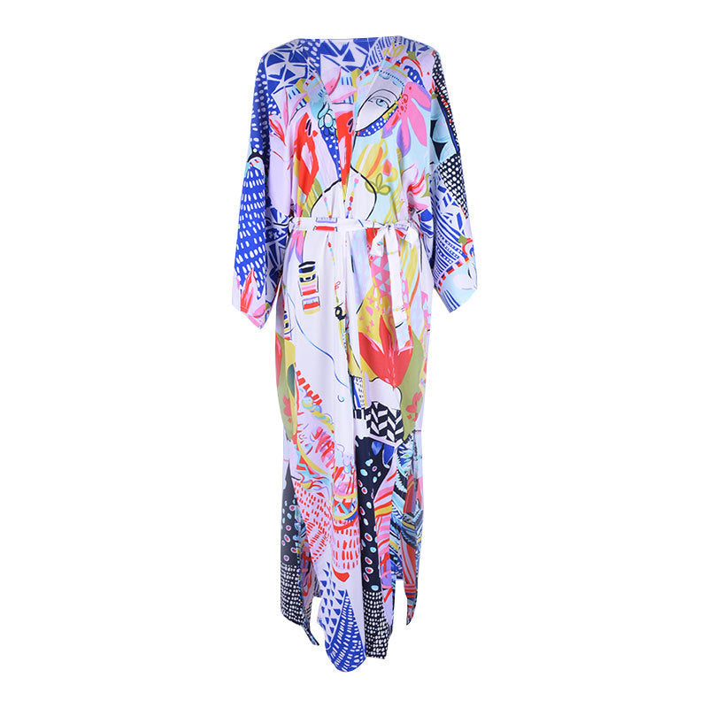 Printed Robe Style Beach Blouse Dress Sexy Cardigan Belt Outer Blouse