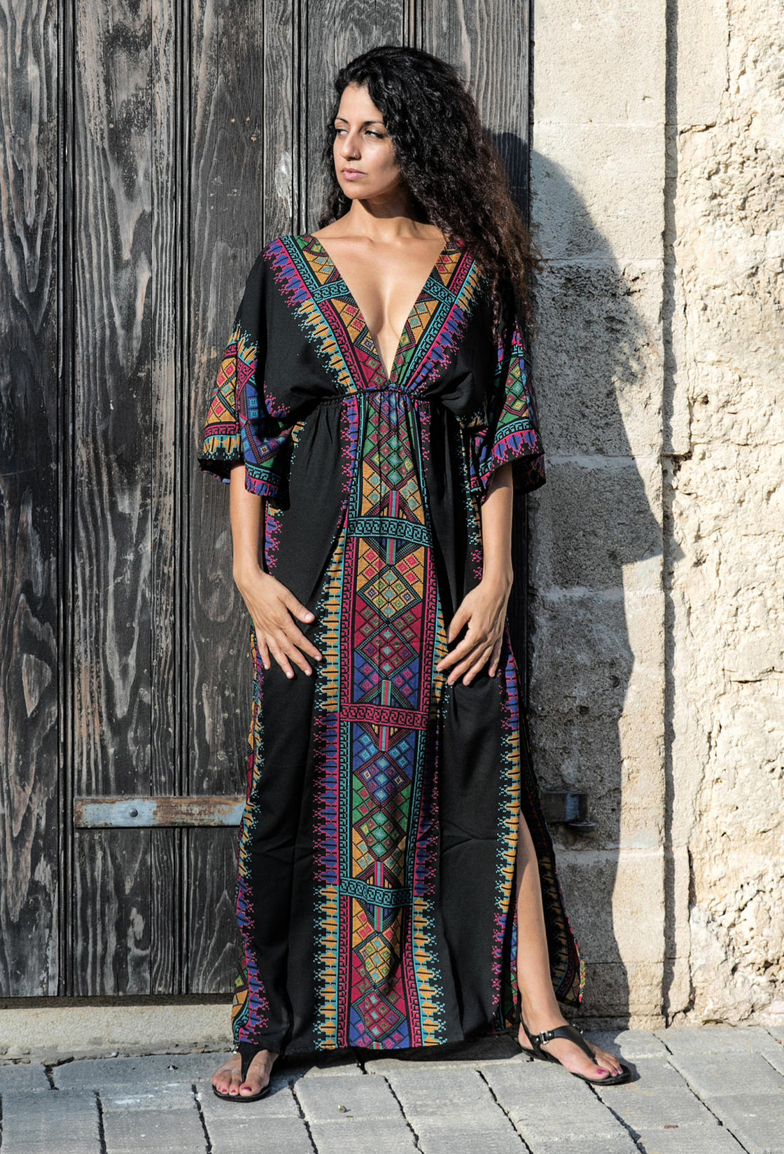 Printed deep V-neck beach dress