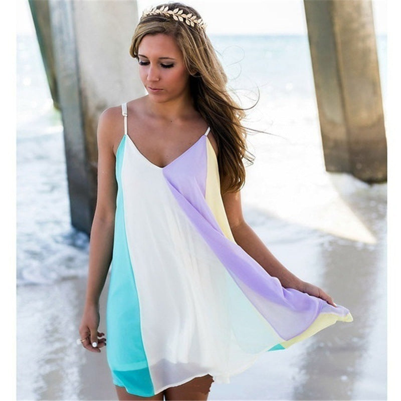 Chiffon Rainbow Sling Dress Beach Dress