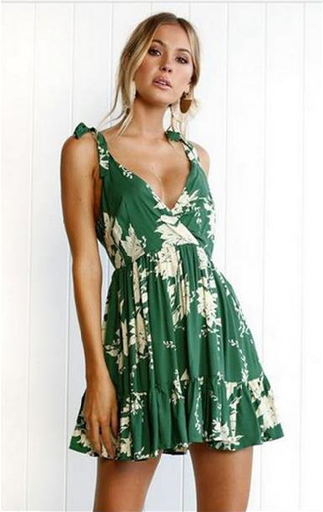 V-neck Printed Sleeveless Beach Dress