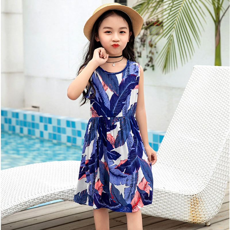 Girls' Rayon Breathable Print Beach Dress