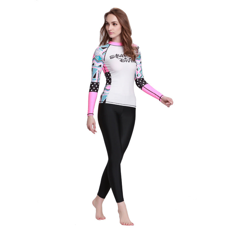 Female Split Swimsuit Round Neck Long Sleeve Sunscreen Jellyfish Suit Fashion Printing Surfing Diving Suit