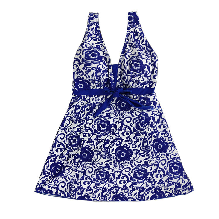 Print plus-size skirt split swimsuit