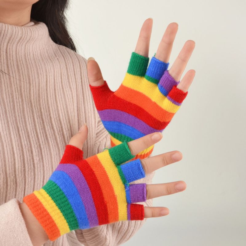 Half Finger Rainbow Striped Gloves