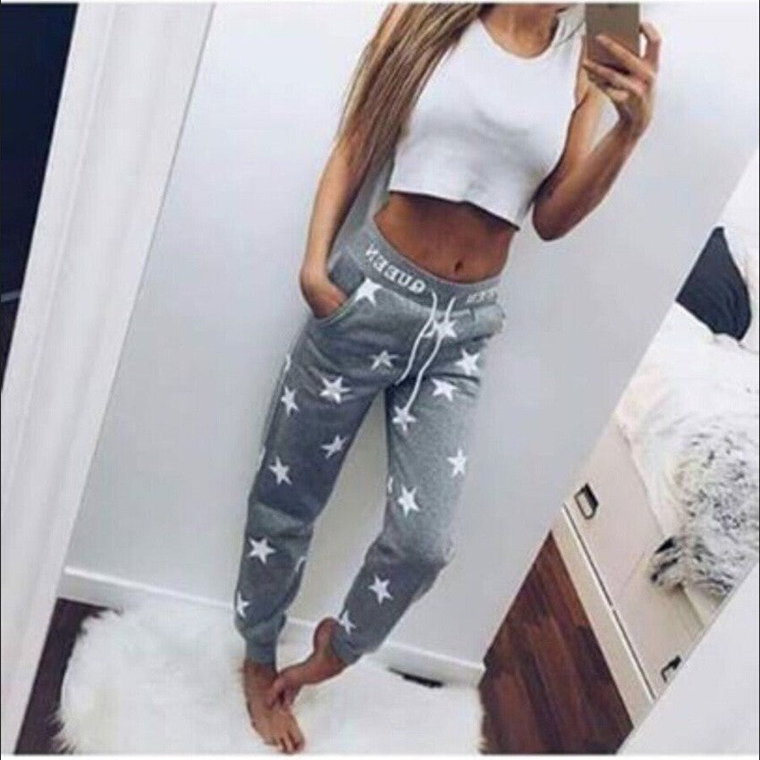 Solid Pants Capris Tracksuit Pink / Gray Loose Pants Women Printed Stars Casual Long Pants Fashion Sweatpants