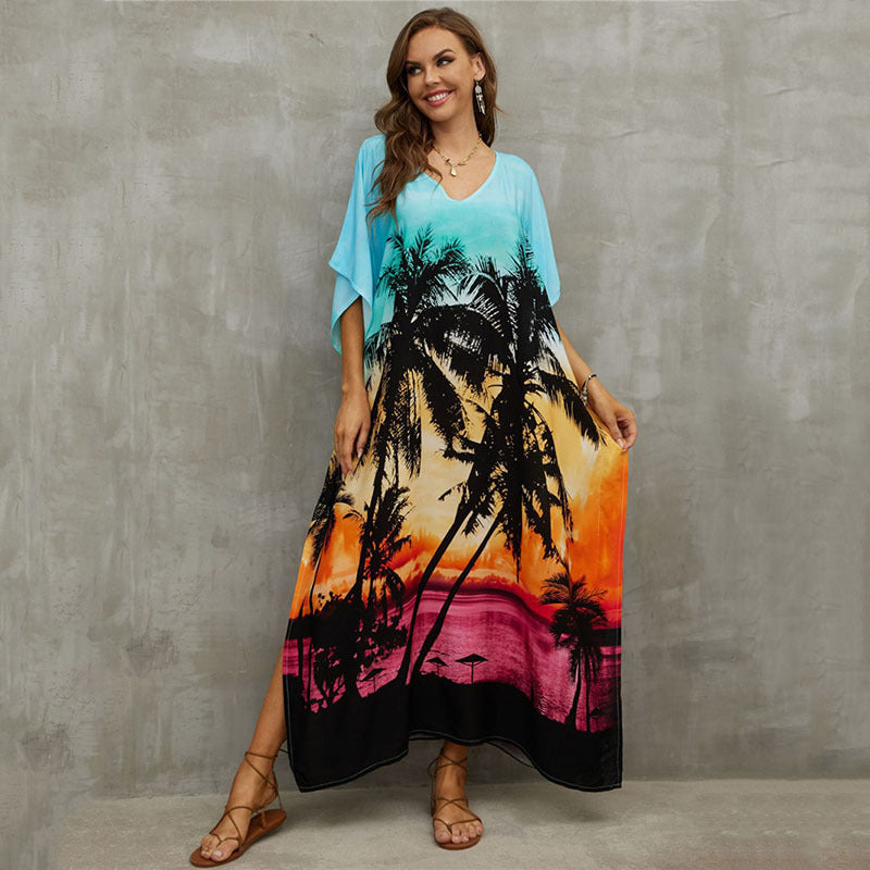 Fashion Printed Beach Blouse V Neck Gown