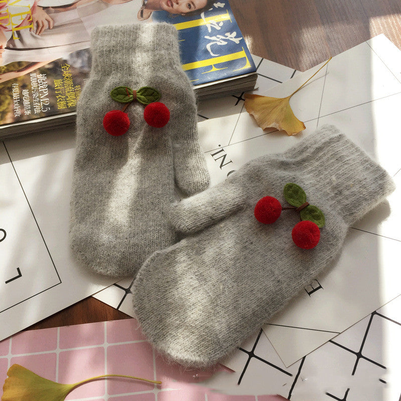 Cherry Rabbit Hair Double-layer Warm Mittens