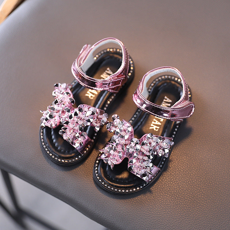 Girls Sandals Rhinestone Princess Sandals Girls Bright Leather Toe Beach Shoes