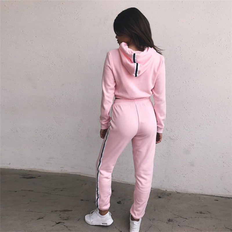 Women's Tracksuits 2 Piece Set Pink Crop Top And Pants Fashion 2021 Autumn Casual Lady Tumblr Long Sleeve Hoodies Pants Suit