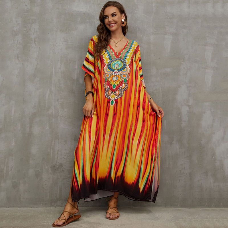 Fashion Printed Beach Blouse V Neck Gown