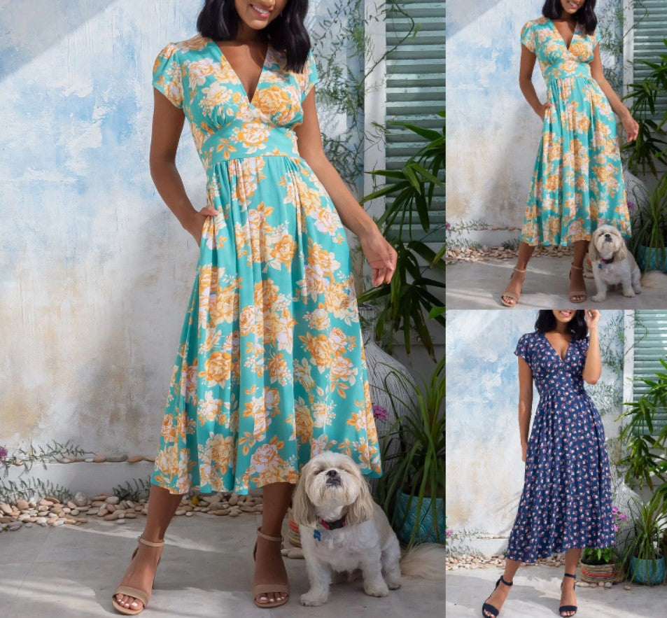 Boho Dress Maxi Beach Print Slim Fit