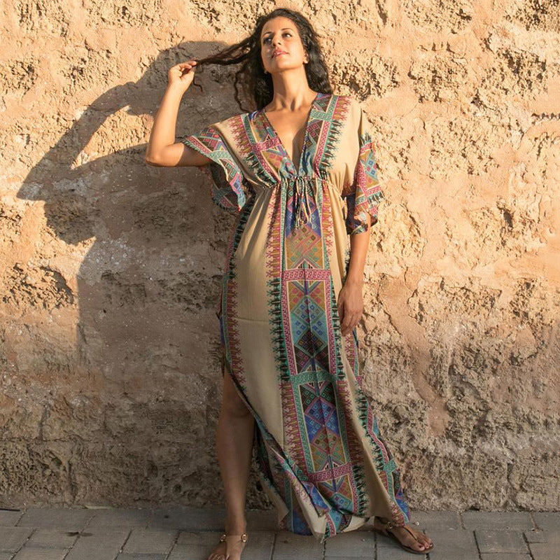 Printed deep V-neck beach dress