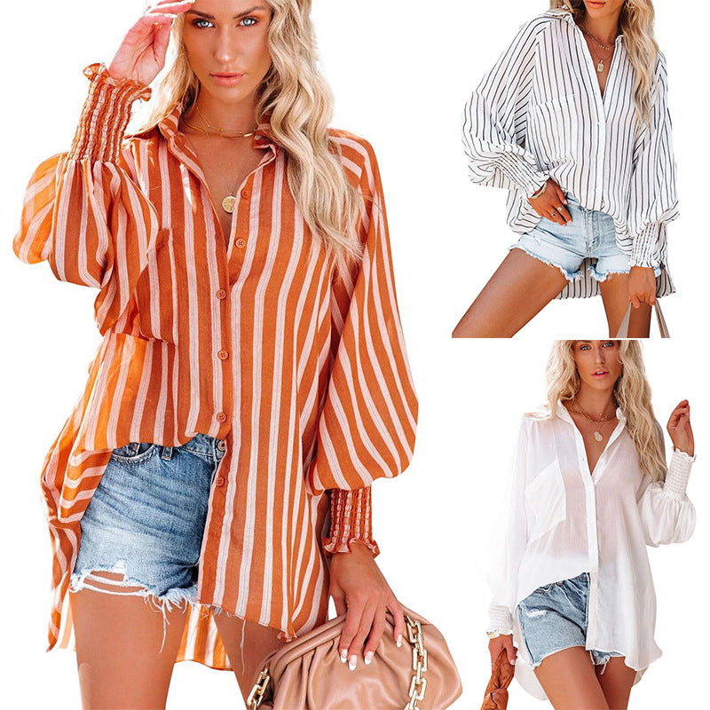 Beach Resort Sunscreen Medium And Long Striped Shirt