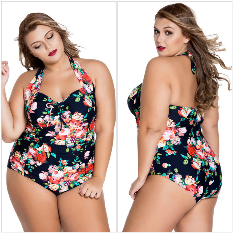 Women's Halterneck Sexy Gathered Plus Size One-piece Swimsuit