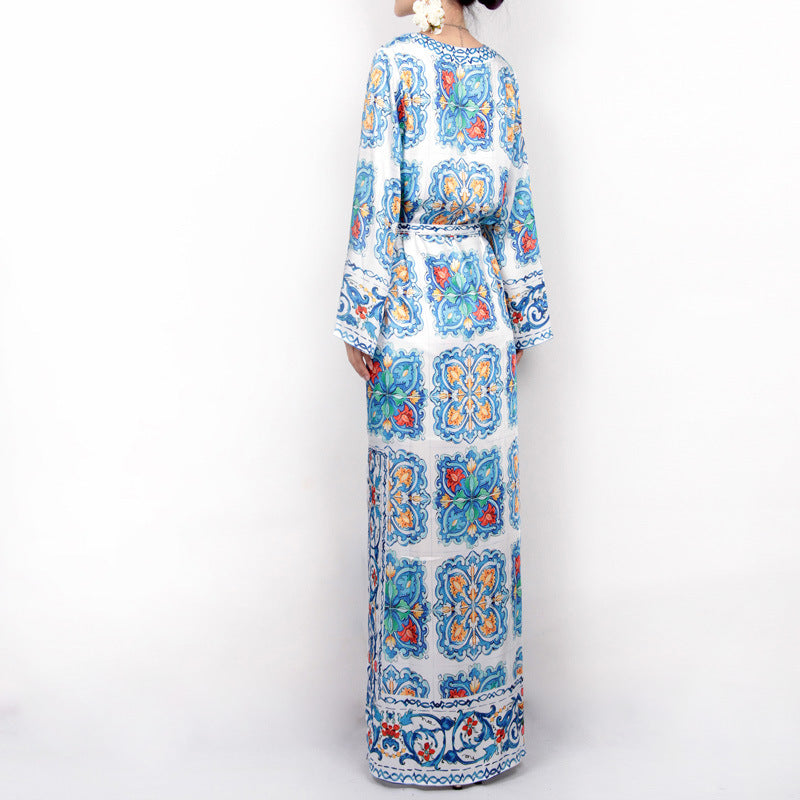 Women's Bohemian Beach Blue And White Porcelain Printed Dress