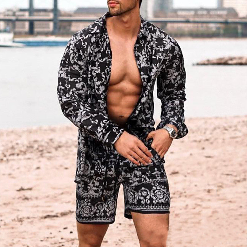 Long Sleeve Shirt Shorts Beach Casual Suit