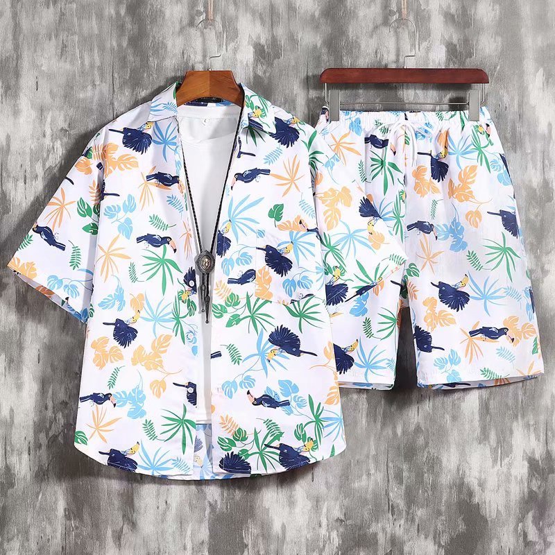 Beach Flower Short Sleeved Men's Shirt And Shorts Two Piece Suit