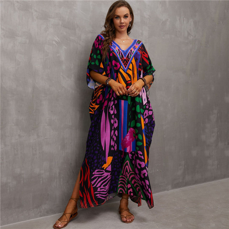 Fashion Printed Beach Blouse V Neck Gown