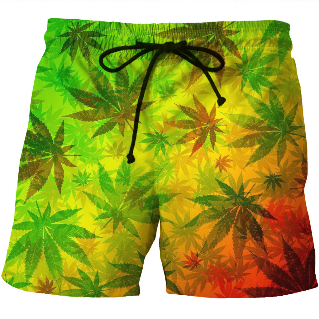 Men's quick-drying beach shorts hemp print casual section pocket shorts