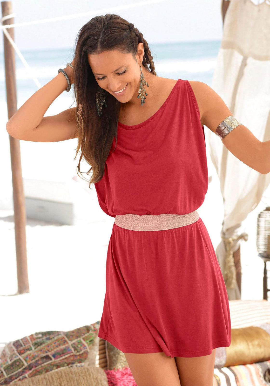 Women's Solid Color Stitching Gold Line Elastic Waist Loose Dress Women's Beach Casual Dress