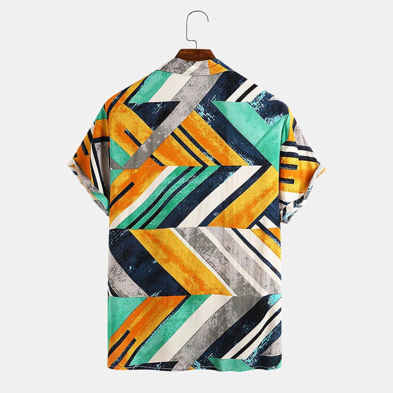 Geometric color block beach casual men's shirt