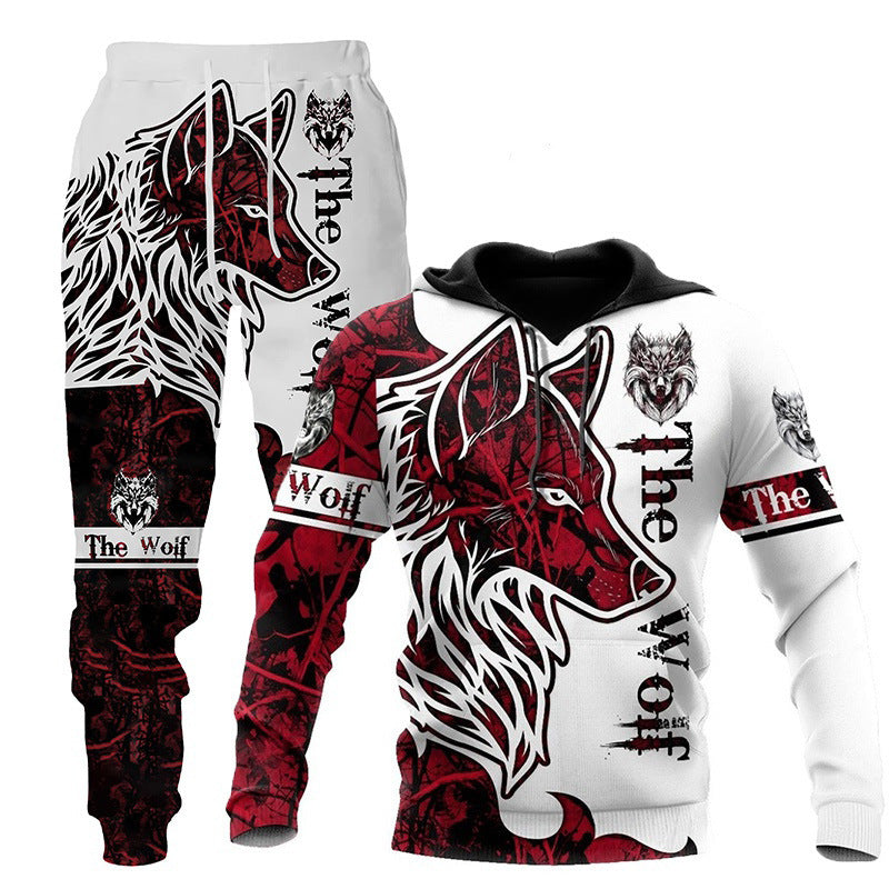 3D Wolf Print Tracksuit Men Sportswear Hooded Sweatsuit Two Piece Outdoors Running Fitness Men Jogging Set