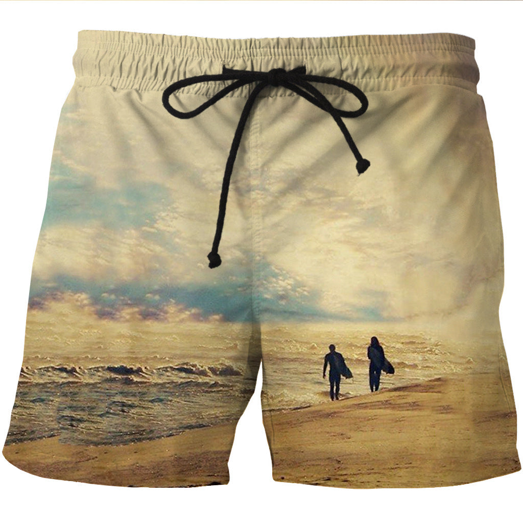 Men's quick-drying beach shorts hemp print casual section pocket shorts