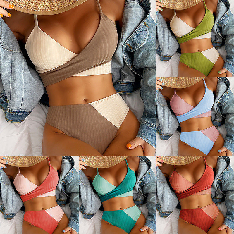 Bikini Patchwork Swimwear Ribbed Women's Swimsuit 2022 Knot Back Beachwear Ruched Butt Biquinis Bathing Suits