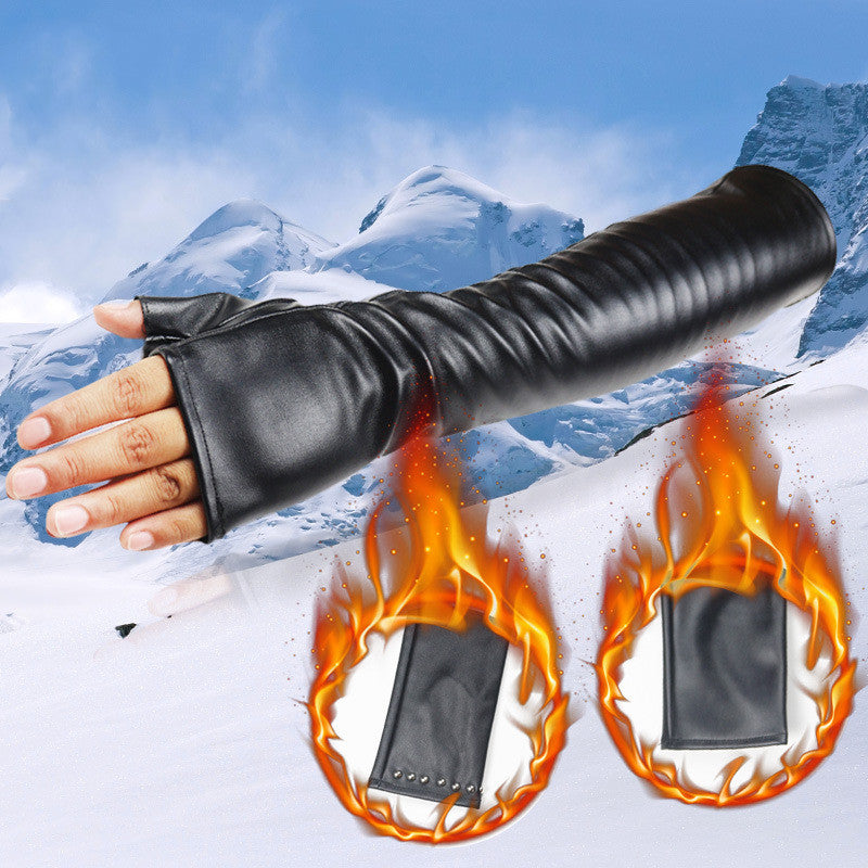 Lengthened Touch Screen Autumn And Winter Leather Liuding Warm PU Gloves