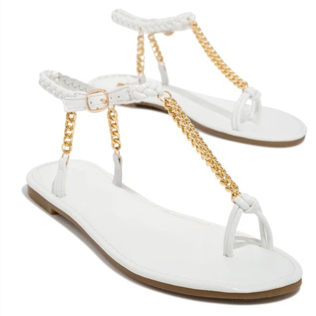 Round Toe Flat Toe Metal Chain Sandals Women's Large Size Beach Sandals