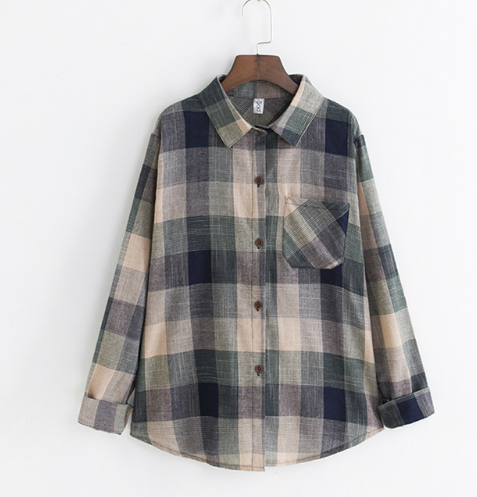 Girl Cotton Blouses Long Sleeve Plaid  Blouse