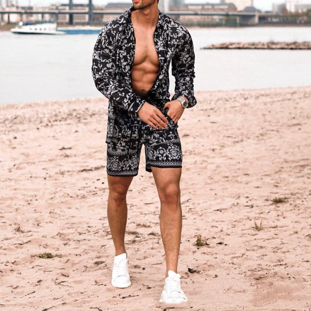 Long Sleeve Shirt Shorts Beach Casual Suit