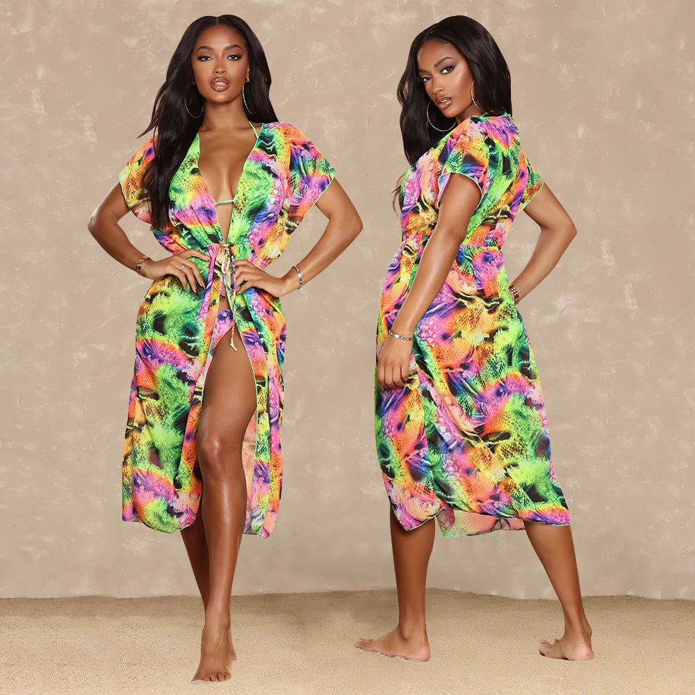 Women's Beach Dress Digital Print Bikini Three Piece Shawl