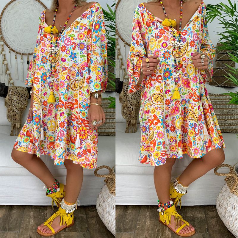 Printed 3/4 sleeves ruffled shirt beach skirt