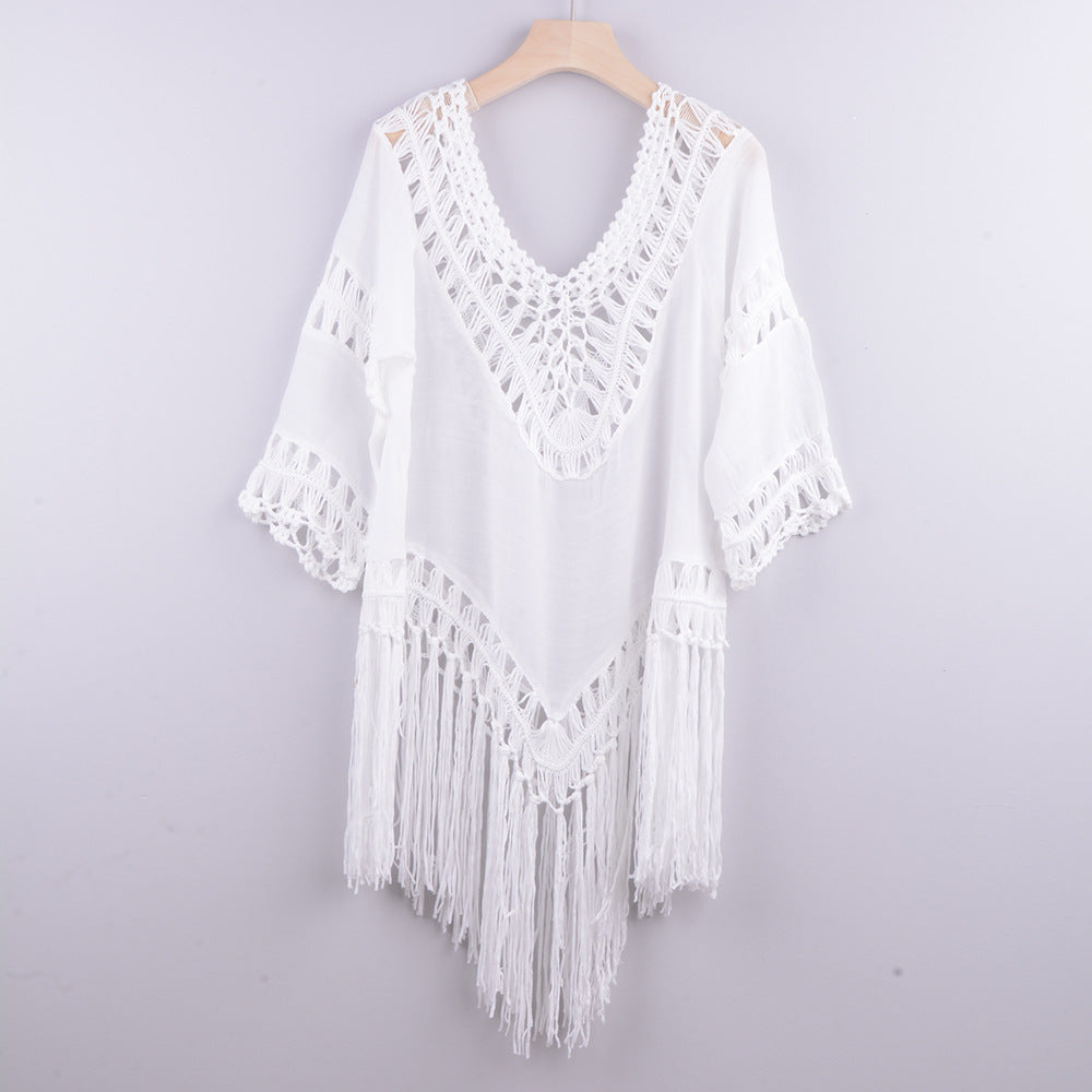 Solid Color Cutout Beach Irregular Fringe Blouse