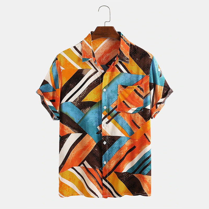 Geometric color block beach casual men's shirt