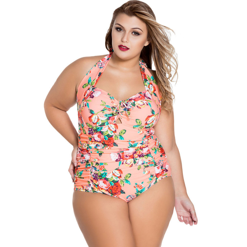 Women's Halterneck Sexy Gathered Plus Size One-piece Swimsuit