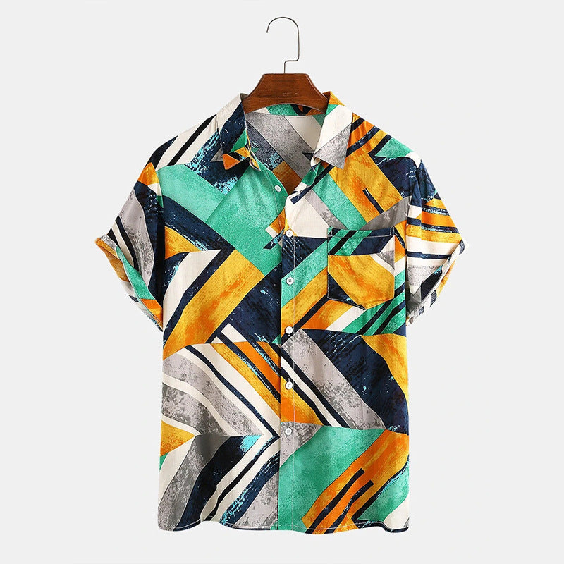 Geometric color block beach casual men's shirt