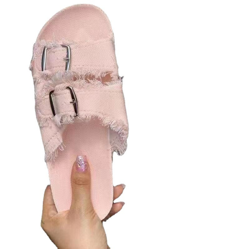 Fashion Denim Buckle Sandals And Slippers Ladies Casual Beach Slippers