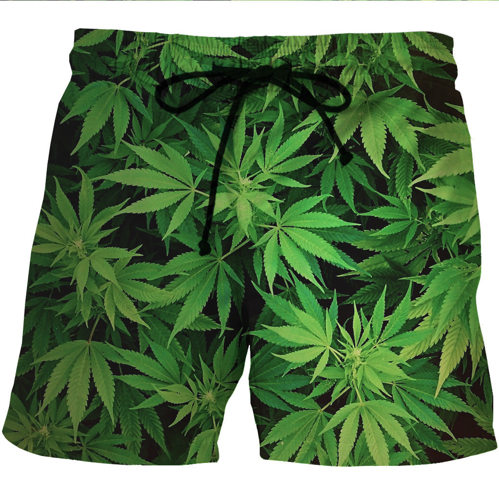 Men's quick-drying beach shorts hemp print casual section pocket shorts