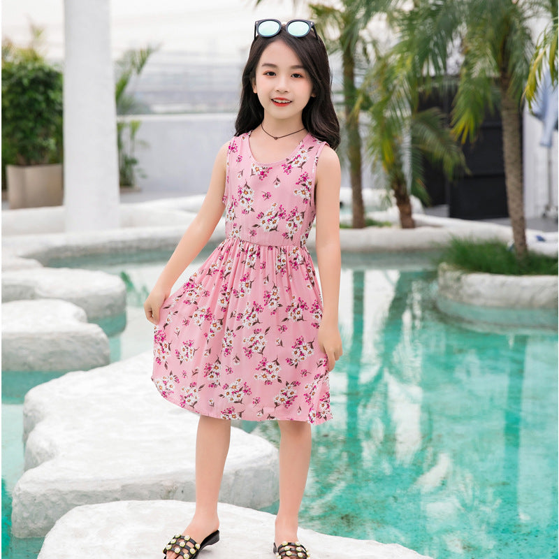 Girls' Rayon Breathable Print Beach Dress