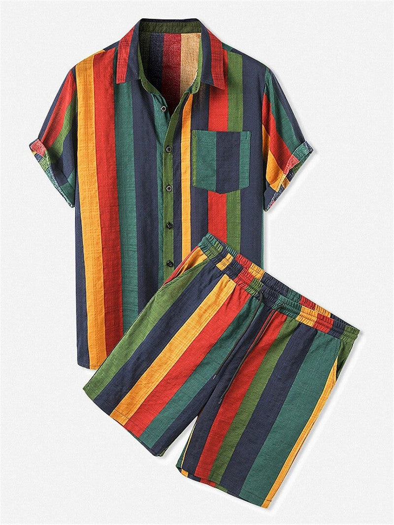 Men's Beach Hawaiian Color Striped Short Sleeve Shorts Set