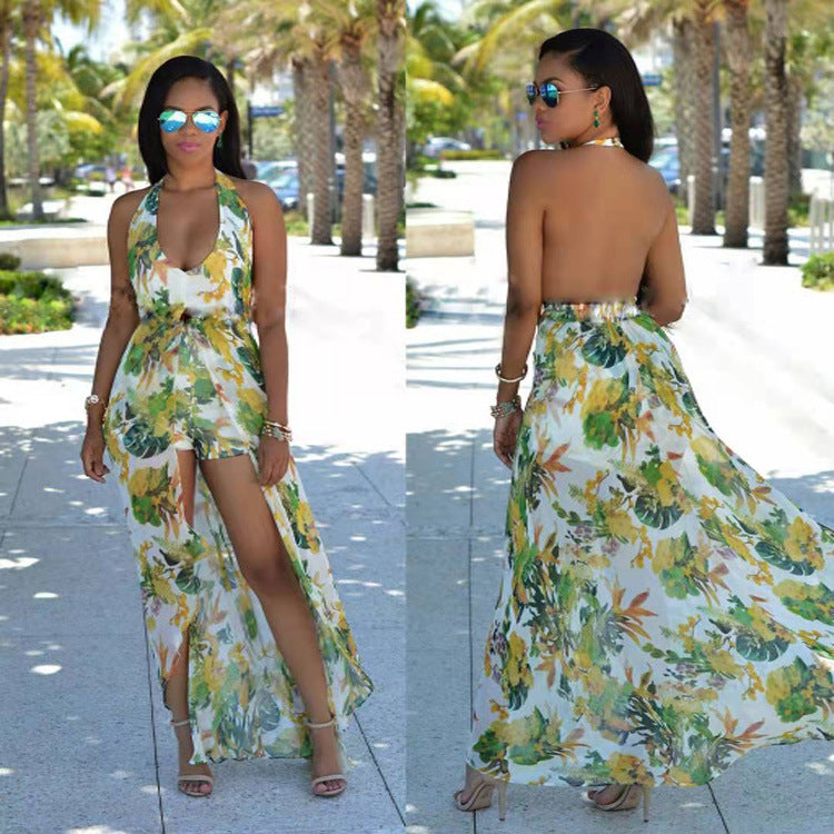 New Printed Temperament Sexy Split Beach Long Dress